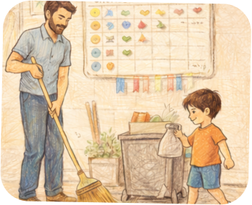 family sharing household chores with kids using a chore management system at home