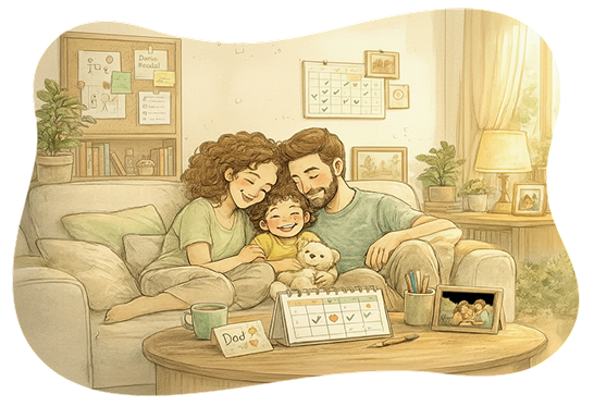 AI family organizer app interface showing chores, rewards, reminders and family schedule management on mobile