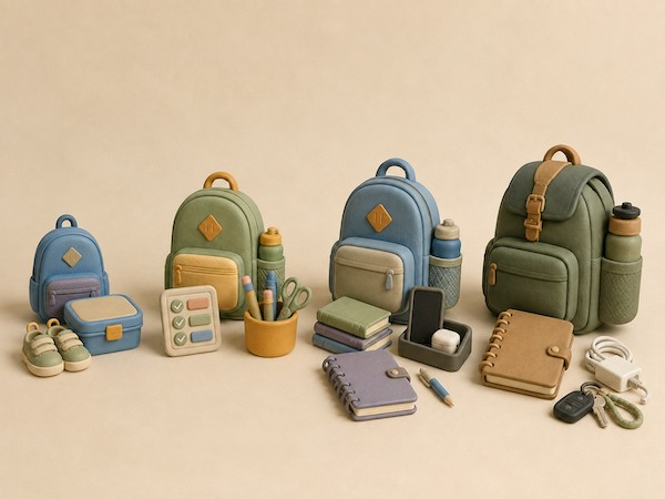 Clay backpacks lined up from smallest to largest, one for each child