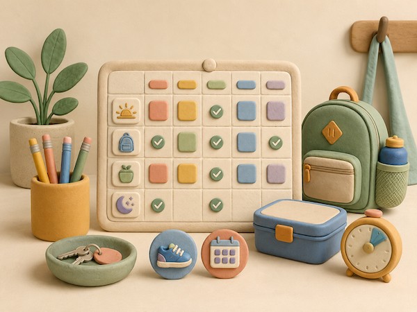 Back-to-school clay scene: backpack, calendar, and school supplies